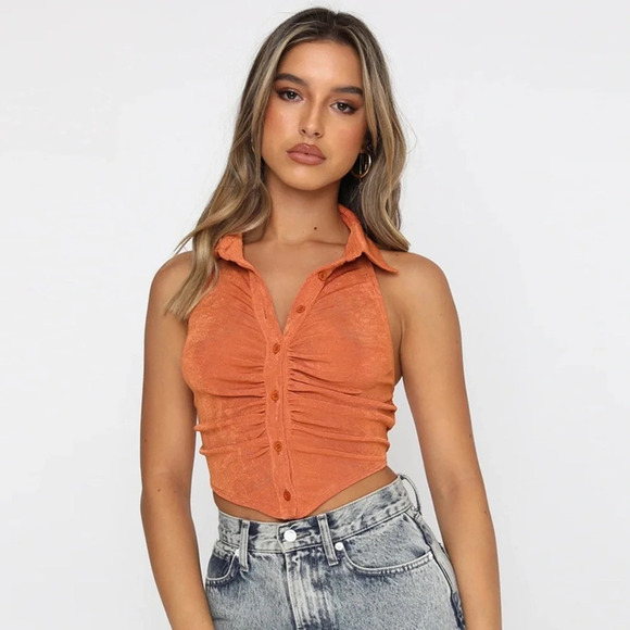 NWT Orange Backless Collared Halter Crop Top - Picture 1 of 9